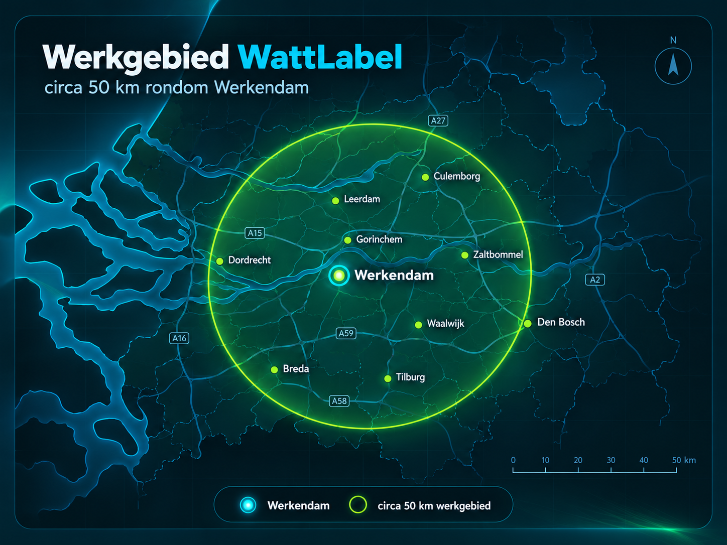 Kaart van het werkgebied van WattLabel met Werkendam centraal en een straal van circa 50 kilometer